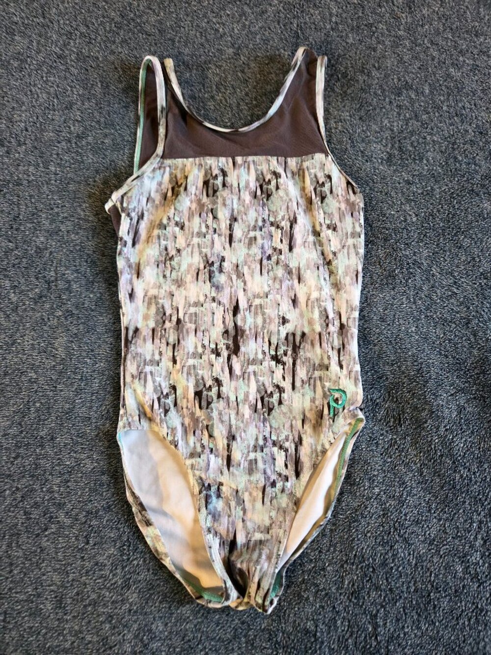 Gymnastics sleeveless leotard - ADULT XS - teal black grey pattern with mesh top